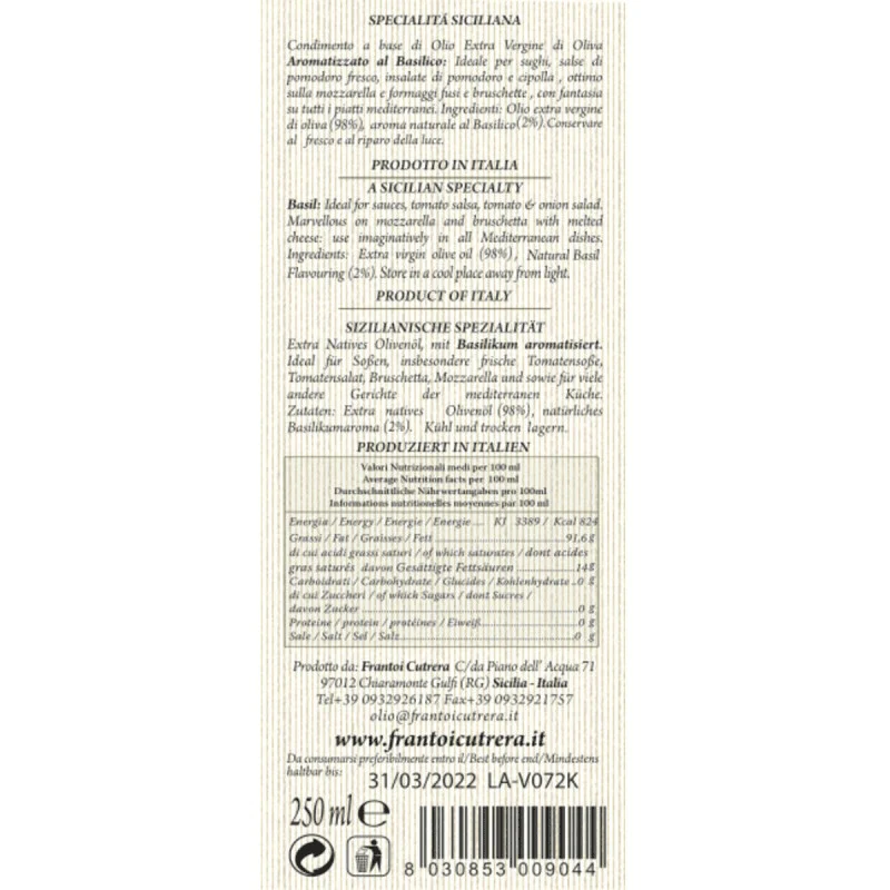 [Best Before: 10/31/2026] Frantoi Cutrera Basil Flavored Extra Virgin Olive Oil, 8.5 oz - Image 2