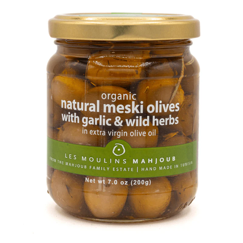 Les Moulins Mahjoub Organic Natural Meski Olives with Garlic & Wild Herbs in Extra Virgin Olive Oil, 7 oz