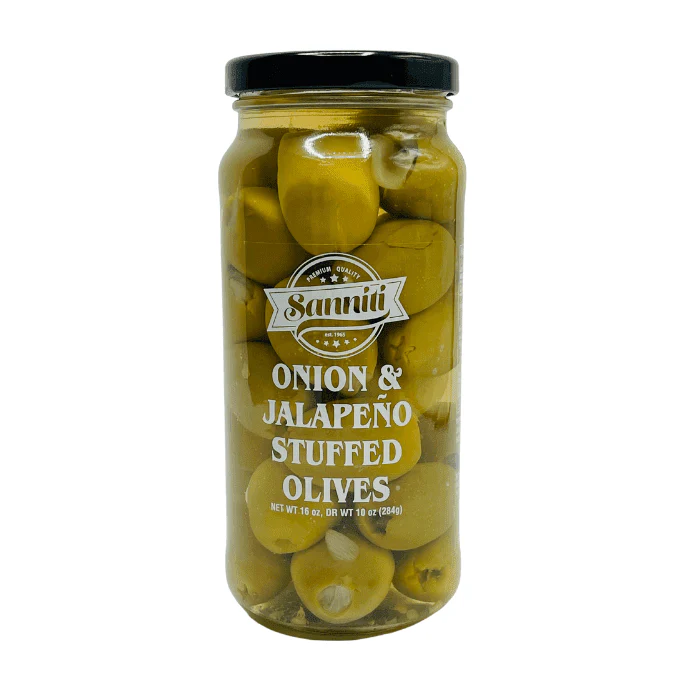 [Best Before: 08/30/2026] Sanniti Jalapeno & Onion Stuffed Olives, Net Weight 16 oz - Drained Weight 10 oz