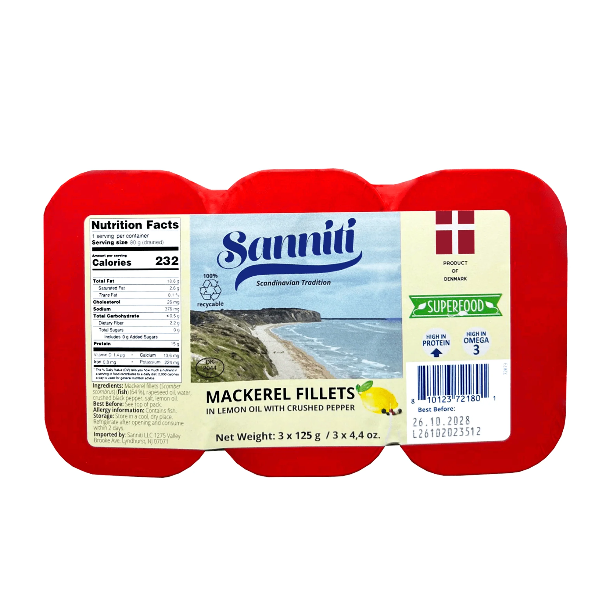 Sanniti Mackerel Fillets in Lemon Oil with Crushed Pepper, 4.4 oz [Pack of 3]