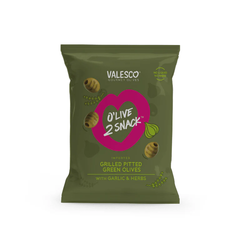 Valesco Grilled and Marinated Pitted Green O'lives 2 Snack, 1.1 oz